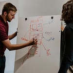 Man drawing on white board during freelancer marketing strategy session
