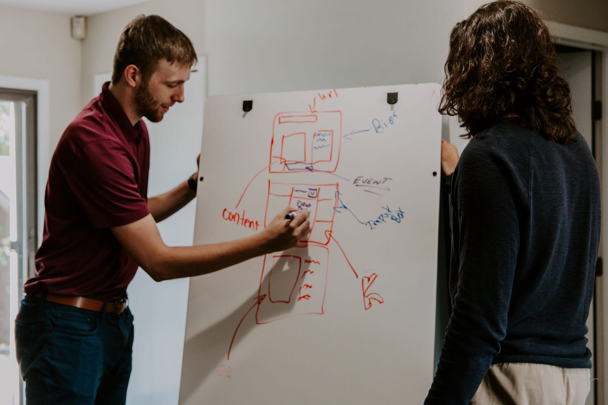 Man drawing on white board during freelancer marketing strategy session